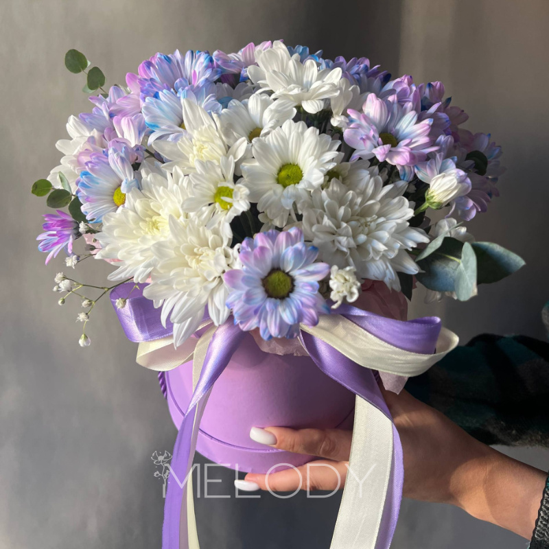 Сиреневая акварель: нежный микс с ромашками и гипсофилой 2